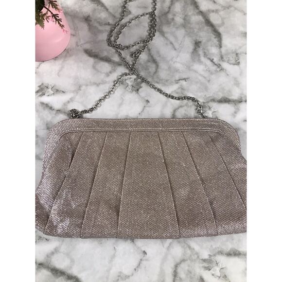 Jessica McClintock Sparkle Ring Clutch Chain Bow Evening Purse Classy 7"x13" - Picture 2 of 7